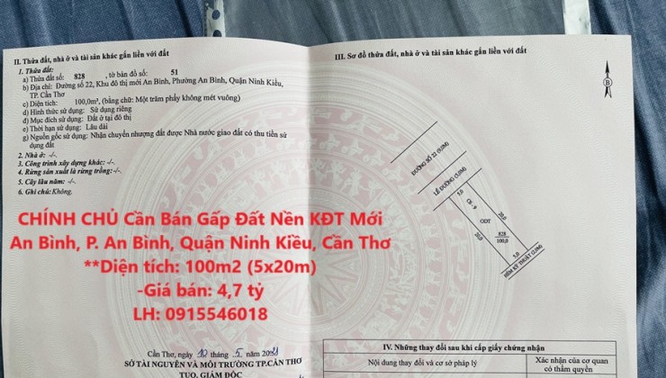 CHÍNH CHỦ Cần Bán Gấp Đất Nền KĐT Mới An Bình, P. An Bình, Quận Ninh Kiều, Cần Thơ